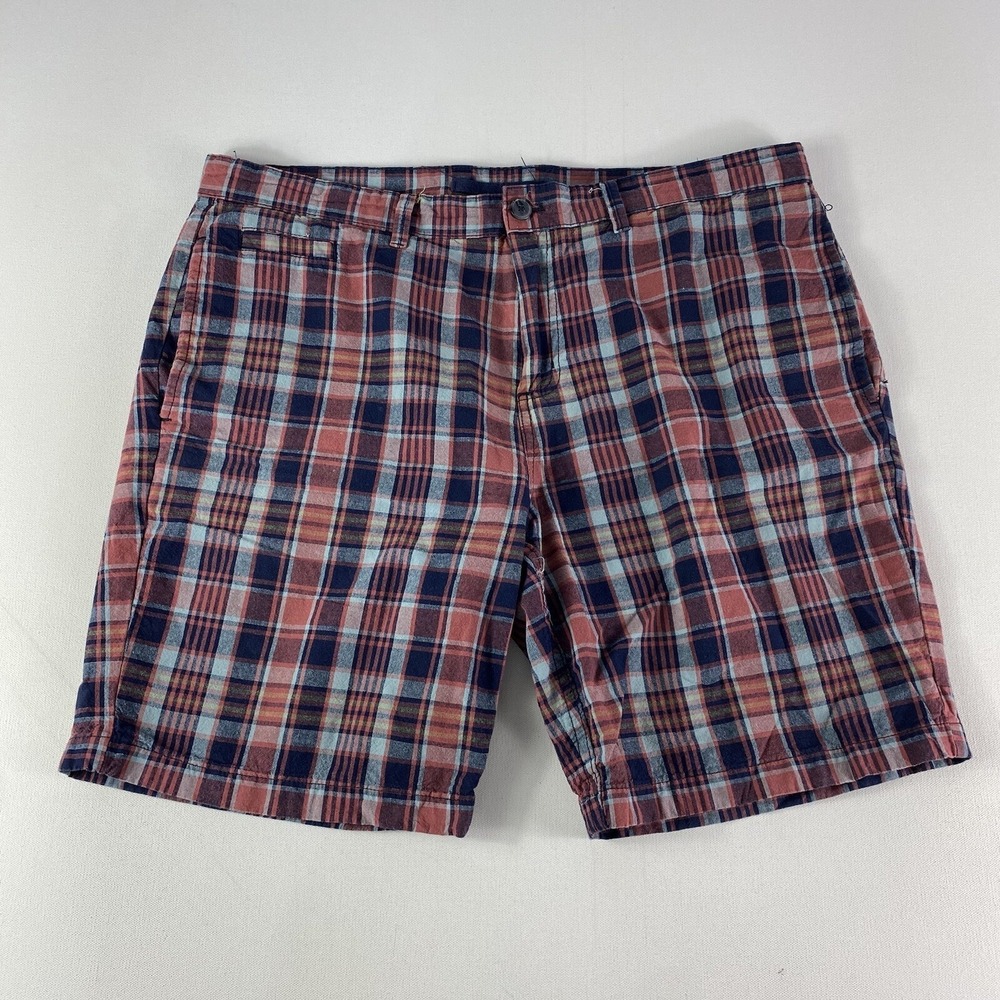 Copper Oak Shorts Mens 38" Chino Plaid Flat Front 9" Inseam Red Blue